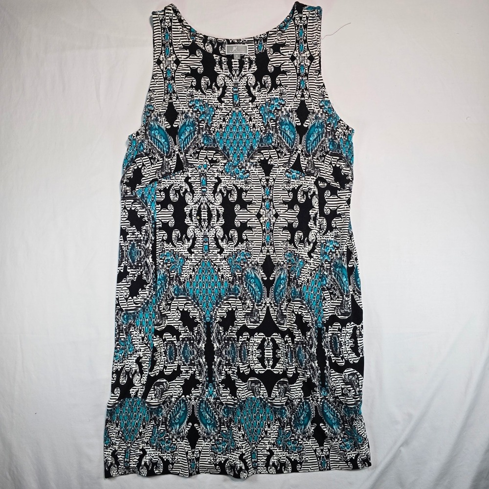JM Collection Womens XL Sleeveless Damask Print Top Black White Teal Tank